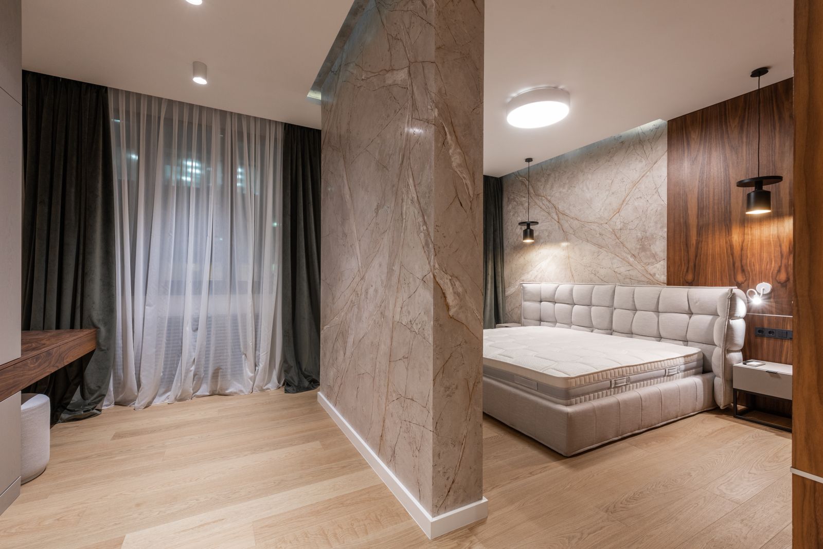 Bedroom interior prepared for a wall-mounted television